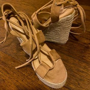 F21 Tan lace-up wedges